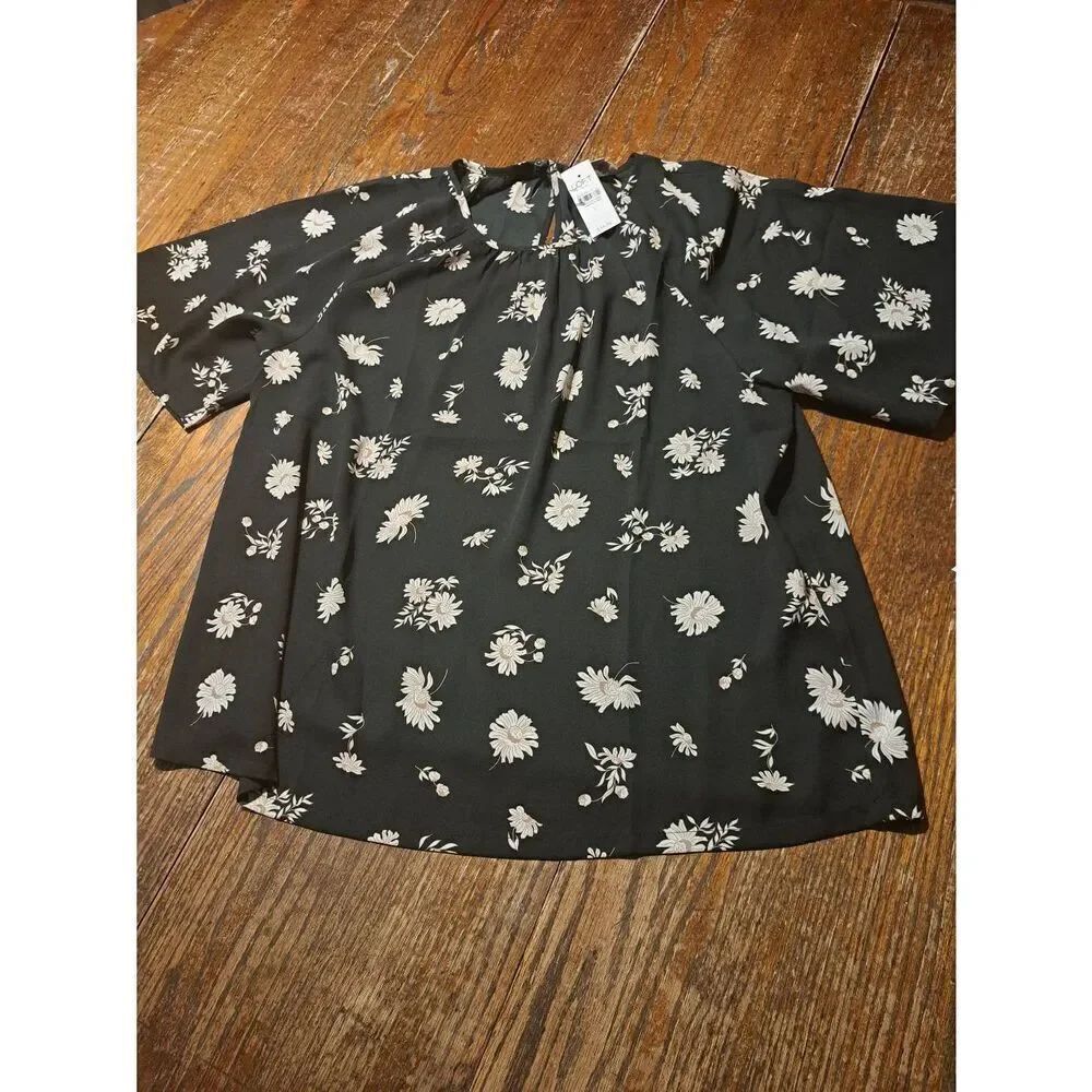 New Large LOFT Outlet Short Sleeve Black Tan Floral Semi Sheer Blouse Shirt Top